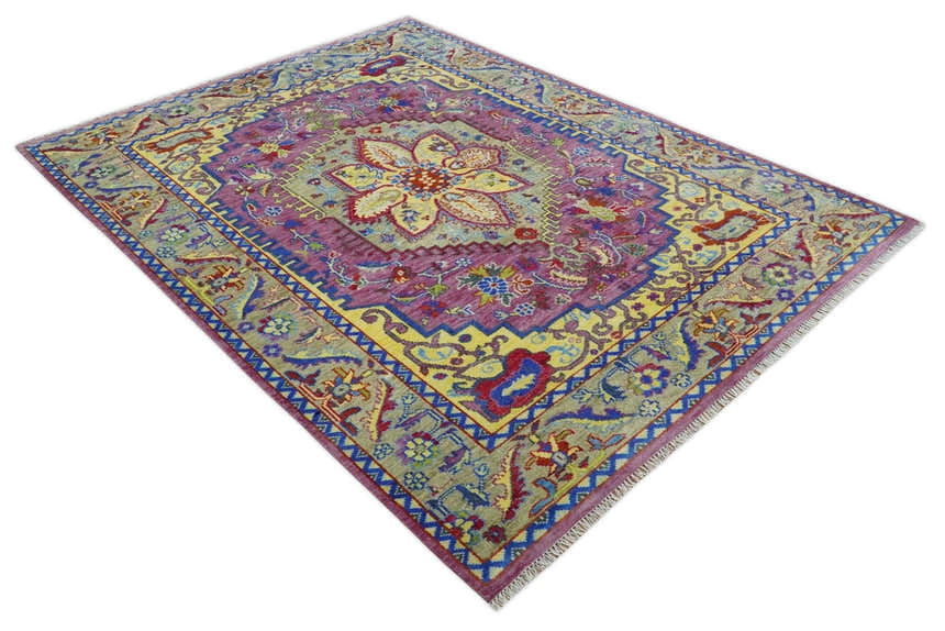 Custom Made Light Green and Purple Medallion Traditional Hand Knotted Wool Area Rug