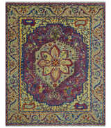 Custom Made Light Green and Purple Medallion Traditional Hand Knotted Wool Area Rug