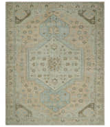 Custom Made Low Pile Hand Knotted Peach and Blue Traditional Design Wool Area Rug