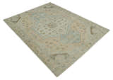 Custom Made Low Pile Hand Knotted Peach and Blue Traditional Design Wool Area Rug