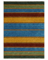Custom Made Modern Geometrical Blue, Gold, Brown and Green Stripes Design Wool Area Rug