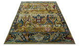 Custom Made Mustard and Teal transitional Dragon Oushak wool area rug