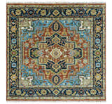 Custom Made Rust and Blue Traditional Medallion Hand Knotted Wool Area Rug