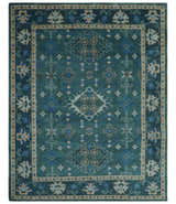 Custom Made Teal, Blue, Peach and Silver Hand Knotted Traditional Heriz wool Area Rug