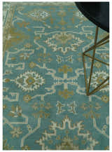 Custom Made Teal, Ivory and Olive Hand Knotted Traditional Oriental Oushak wool rug