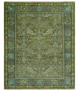 Custom Made Traditional Floral Green and Aqua Hand Knotted wool area rug