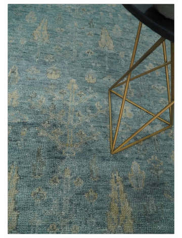 Custom Made Tree of Life Hand Knotted Teal and Beige Traditional Oushak Wool Area Rug