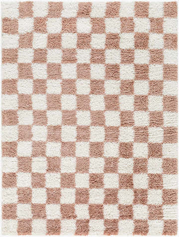 Close-up of Bilshivtsi Area Rug, a contemporary rug with a pink and white checkerboard pattern and a soft, textured pile. Design-Rectangle