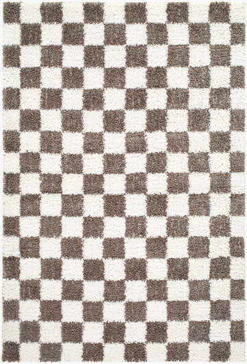 Close-up of the Neftekamsk Area Rug. Features a brown and white checkerboard pattern with a textured, machine-woven construction. Design-Rectangle-537