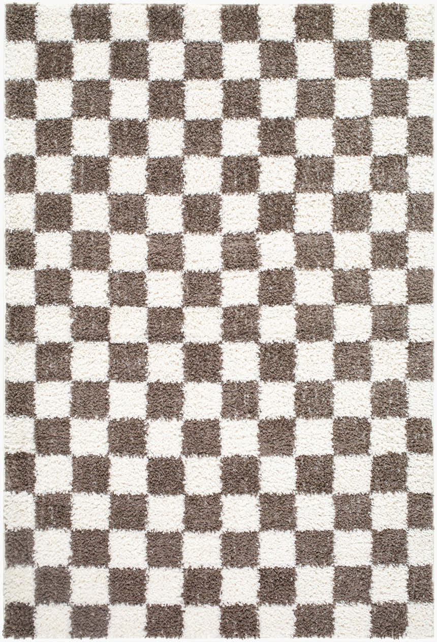 Close-up of the Neftekamsk Area Rug. Features a brown and white checkerboard pattern with a textured, machine-woven construction. Design-Rectangle-537