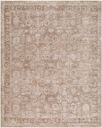 Close-up of the Genero Fovaga rug. Traditional beige, cream, and taupe floral pattern. Machine woven polyester texture. Design-Rectangle-71010