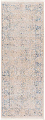 Close-up of the Dian Area Rug in light ivory with a faded dark blue traditional pattern and fringed edges. Design-Runner-2773