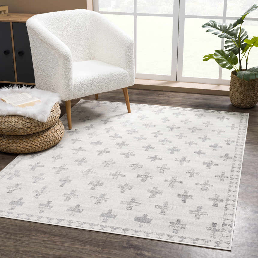 Living room scene with a Tigris Swiss Cross Ivory&Gray Area Rug, white chair, woven ottoman, and plant. Modern farmhouse style. Roomscene-Rectangle