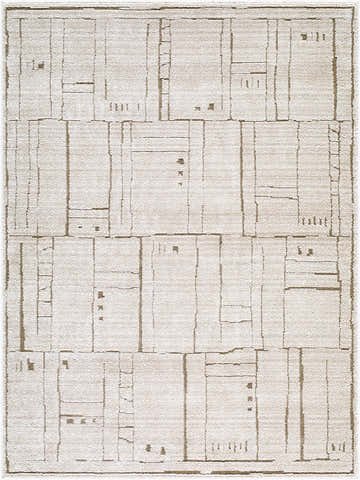 Close-up of Alma Machine Woven Elle Decor x LIVABLISS EDAL-2300 Area Rug with a taupe and dark brown geometric design. Design-Rectangle-537