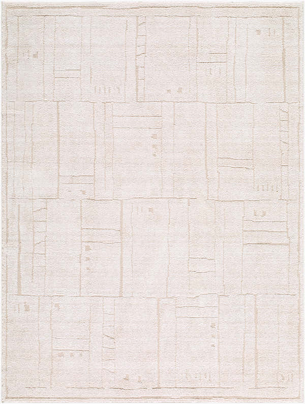 Close-up of Alma Machine Woven Elle Decor x LIVABLISS EDAL-2301 Area Rug. Ivory and taupe geometric pattern. Design-Rectangle-537