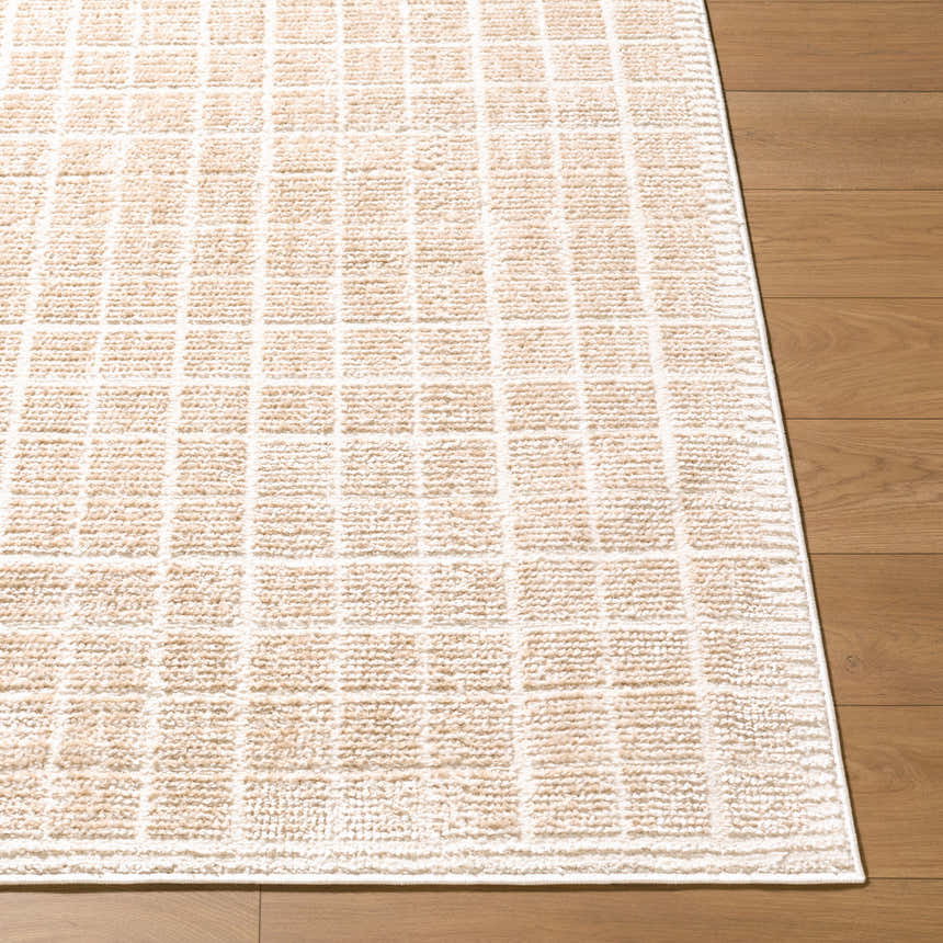 Close-up of the Odeon Elle Decor x LIVABLISS EDOD-2300 area rug. Beige and ivory grid pattern on a soft, textured rug. Front
