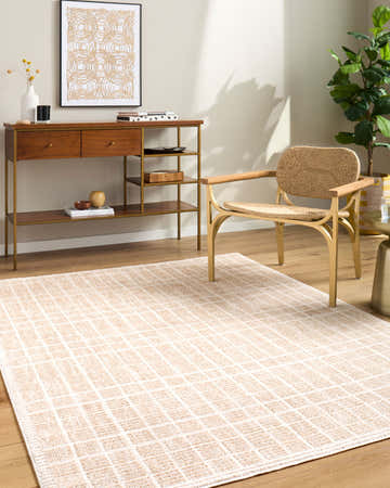 Living room scene with the Odeon Elle Decor x LIVABLISS rug in beige and cream, wood console table, and woven chair. Roomscene-Rectangle