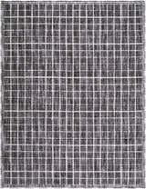 Close-up of Odeon Elle Decor x LIVABLISS rug. Black, charcoal, and cream grid pattern. Contemporary style. Design-Rectangle-537