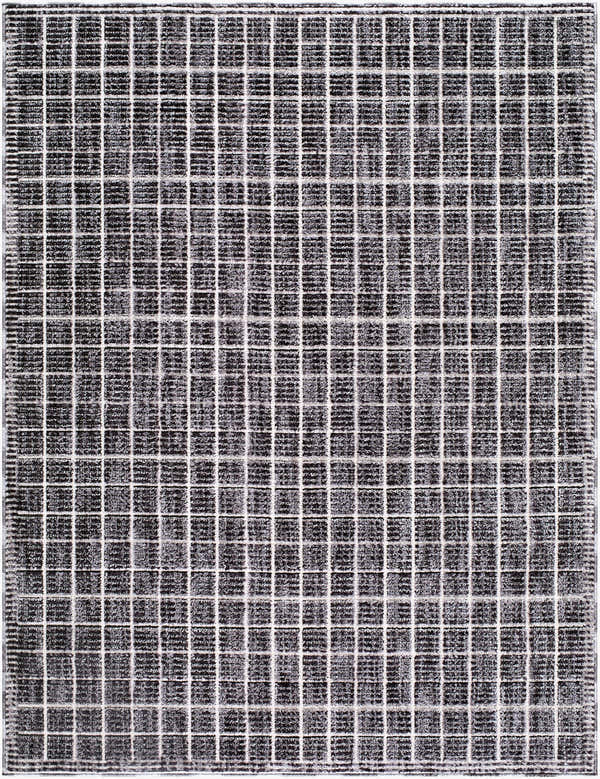 Close-up of Odeon Elle Decor x LIVABLISS rug. Black, charcoal, and cream grid pattern. Contemporary style. Design-Rectangle-537