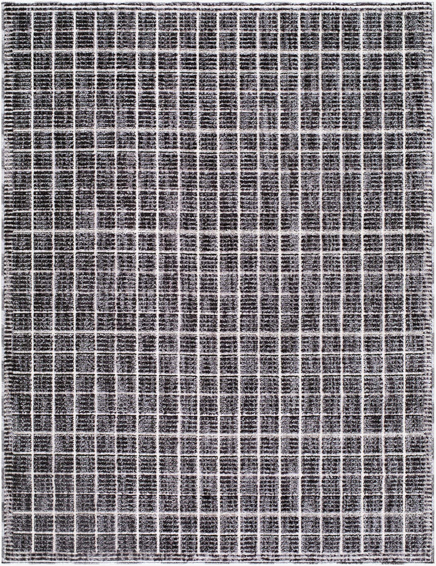 Close-up of Odeon Elle Decor x LIVABLISS rug. Black, charcoal, and cream grid pattern. Contemporary style. Design-Rectangle-537