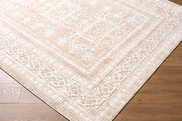 Close-up of Odeon EDOD-2303 area rug. Beige and ivory tones, contemporary pattern, machine woven texture. Corner