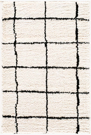 Close up of the Rivoli Elle Decor x LIVABLISS EDRV-2300 Area Rug. Cream rug with a black geometric grid pattern. Design-Rectangle-221