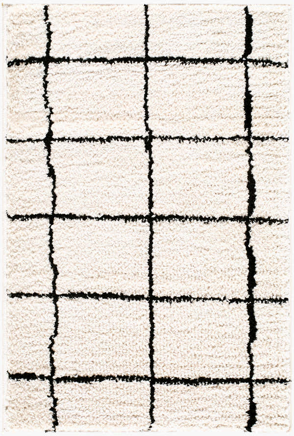 Close up of the Rivoli Elle Decor x LIVABLISS EDRV-2300 Area Rug. Cream rug with a black geometric grid pattern. Design-Rectangle-221