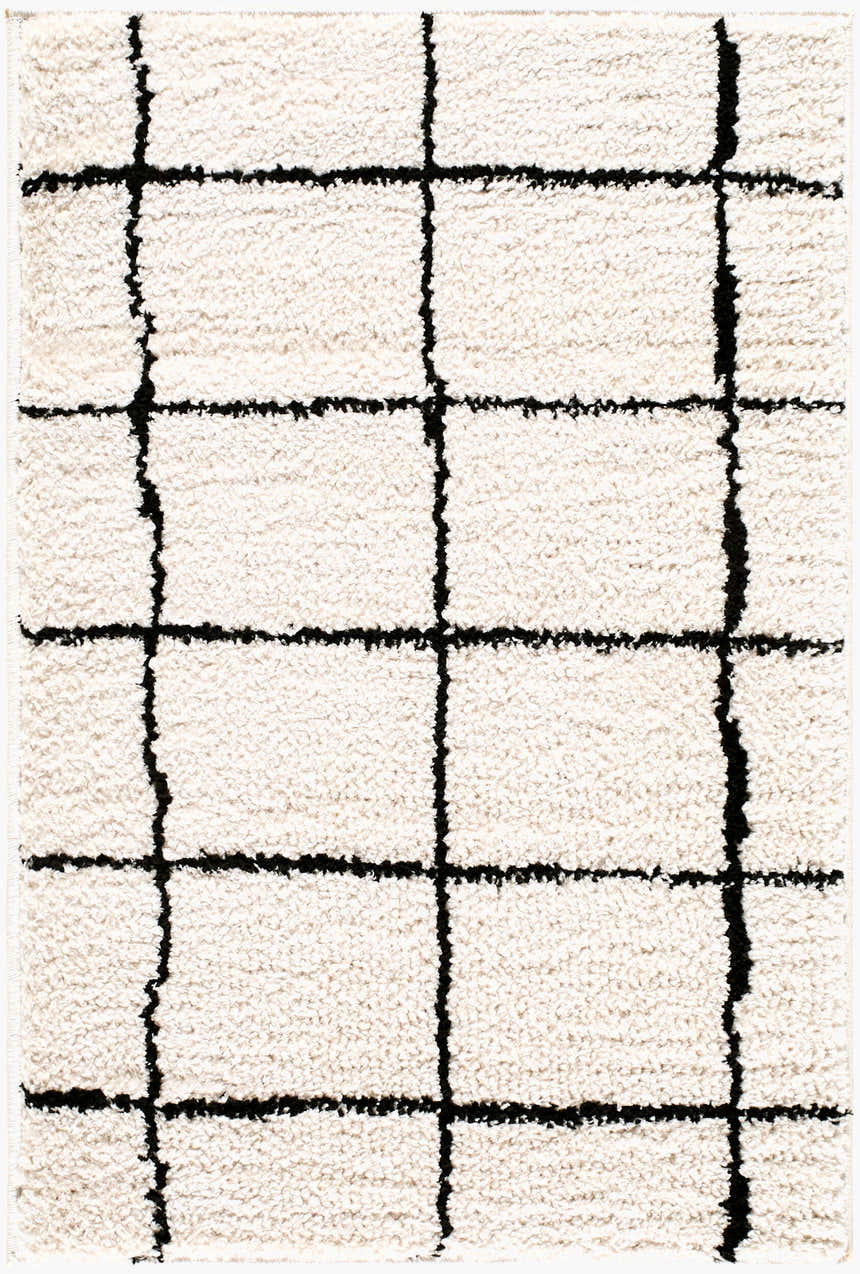 Close up of the Rivoli Elle Decor x LIVABLISS EDRV-2300 Area Rug. Cream rug with a black geometric grid pattern. Design-Rectangle-221