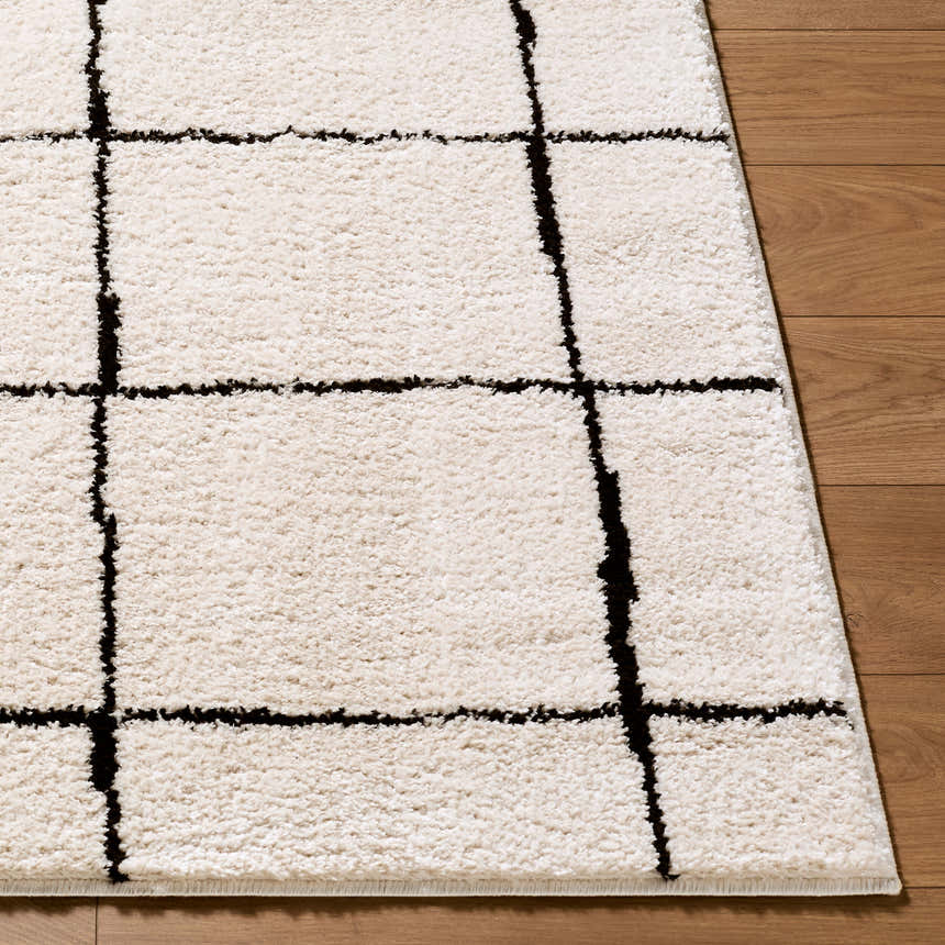 Close up of Rivoli Machine Woven Elle Decor x LIVABLISS EDRV-2300 Area Rug. Cream rug with a black geometric grid pattern. Front