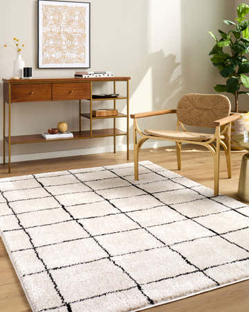 Living room scene with Rivoli Elle Decor x LIVABLISS EDRV-2300 rug in cream and black, wood console table, and woven chair. Roomscene-Rectangle