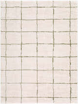 Close-up of Rivoli Machine Woven Elle Decor x LIVABLISS EDRV-2301 Area Rug. Cream rug with an olive green grid pattern. Design-Rectangle-537