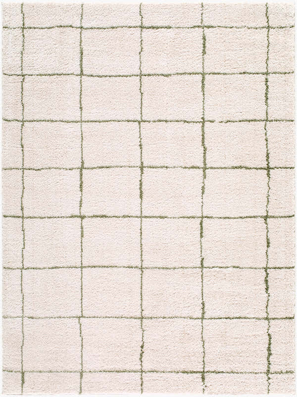 Close-up of Rivoli Machine Woven Elle Decor x LIVABLISS EDRV-2301 Area Rug. Cream rug with an olive green grid pattern. Design-Rectangle-537