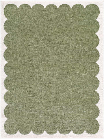 Close-up of the Rivoli Elle Decor x LIVABLISS EDRV-2303 Area Rug. Olive green rug with a cream, scalloped border. Design-Rectangle-537