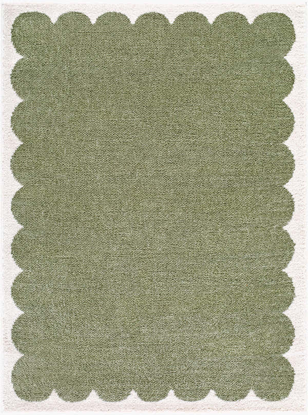 Close-up of the Rivoli Elle Decor x LIVABLISS EDRV-2303 Area Rug. Olive green rug with a cream, scalloped border. Design-Rectangle-537