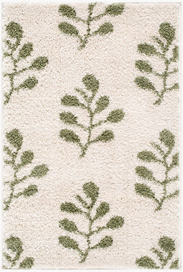 Close-up of Rivoli Elle Decor x LIVABLISS EDRV-2304 area rug. Cream rug with an olive branch pattern and textured weave. Design-Rectangle-221