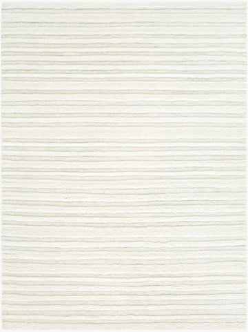 Close-up of the Edolie Washable Area Rug. Hand woven wool rug in beige, cream, and ivory stripes. Contemporary style. Design-Rectangle
