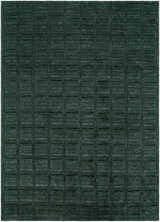 Close-up of the hand woven Janina Washable Area Rug. Charcoal and green wool rug with a contemporary square pattern. Design-Rectangle