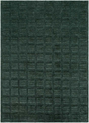 Close-up of the hand woven Janina Washable Area Rug. Charcoal and green wool rug with a contemporary square pattern. Design-Rectangle