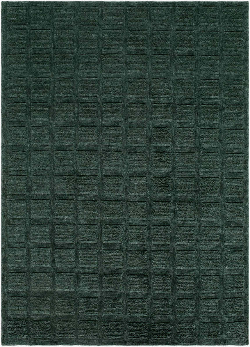 Close-up of the hand woven Janina Washable Area Rug. Charcoal and green wool rug with a contemporary square pattern. Design-Rectangle