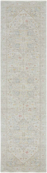 Close-up of Engin Thick Luxe Area Rug. Traditional pattern in amber, dusty pink, olive, and taupe hues. Machine woven polyester texture. Design-Runner-2710