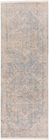 Close-up of the Tusa Blue Area Rug. Features a traditional oriental design in dark blue, ivory, and light gray. Design-Runner-2773