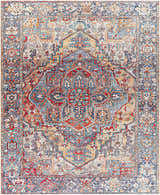 Detailed view of a Neyland Iris Area Rug, showcasing its beige, brick red, blue, and cream oriental pattern. Design-Rectangle-7696