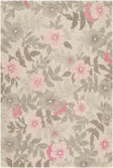 Close-up of the Dellyn Area Rug. Hand-tufted wool rug with a floral pattern in blush pink, rose, cream, soft gray, and taupe. Design-Rectangle-576