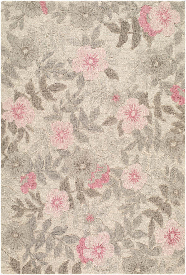 Close-up of the Dellyn Area Rug. Hand-tufted wool rug with a floral pattern in blush pink, rose, cream, soft gray, and taupe. Design-Rectangle-576