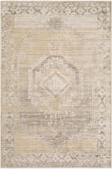 Close-up of the Kailey Area Rug featuring a traditional geometric pattern in dark brown, light gray, off-white, tan, and taupe. Design-Rectangle-575