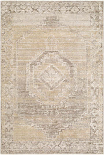 Close-up of the Kailey Area Rug featuring a traditional geometric pattern in dark brown, light gray, off-white, tan, and taupe. Design-Rectangle-575