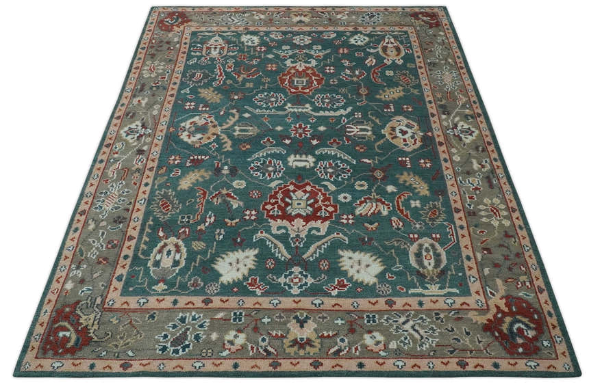 Floral Teal, Camel and Brown Hand Knotted Oriental Oushak Multi Size wool Area Rug