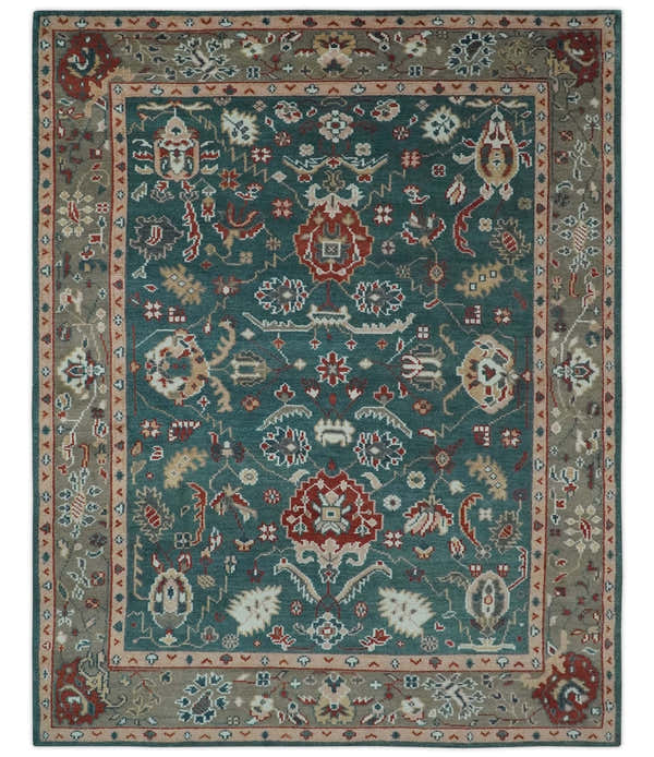 Floral Teal, Camel and Brown Hand Knotted Oriental Oushak Multi Size wool Area Rug