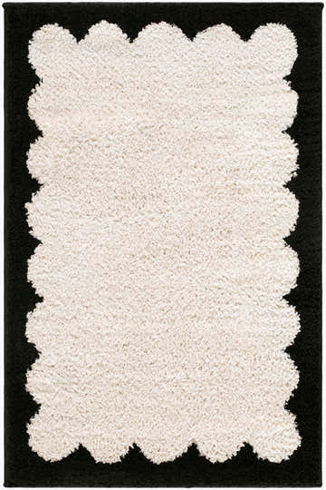 Close-up of the Dawa Cream Border Rug, a washable polyester rug with a black scalloped border and cream center. Design-Rectangle-221