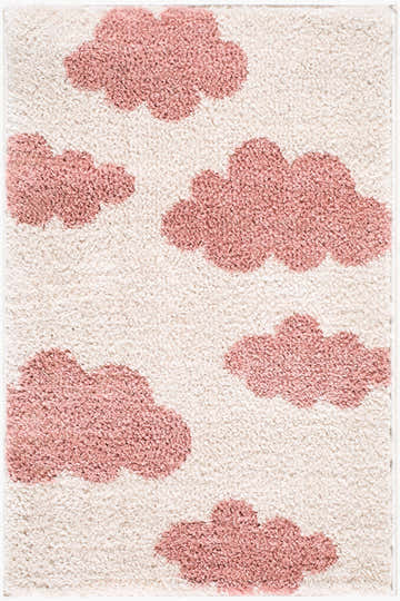 Close-up of Gonu Ivory Abstract rug. Pink cloud pattern on a soft, textured polyester rug. Machine woven. Design-Rectangle-221